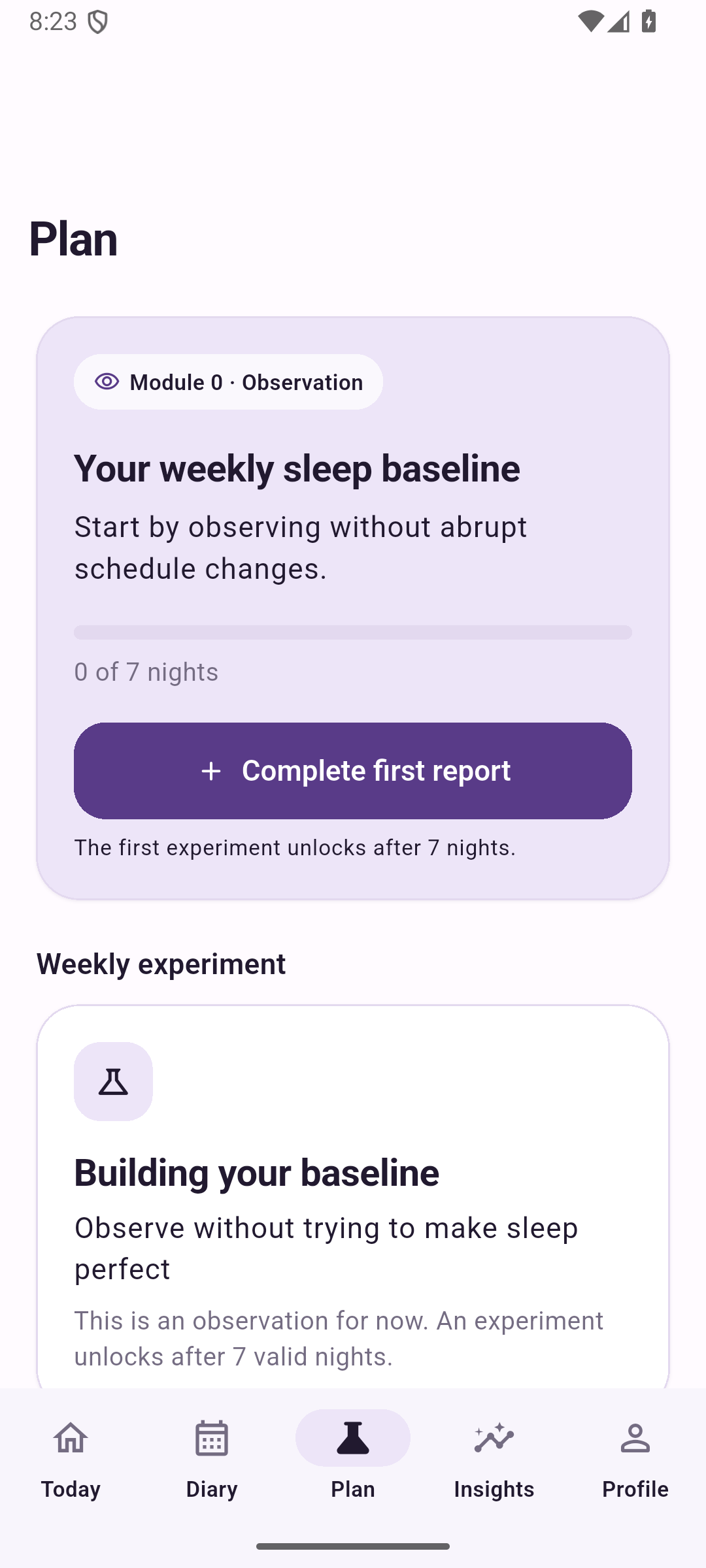 Somnora weekly sleep baseline and experiment screen