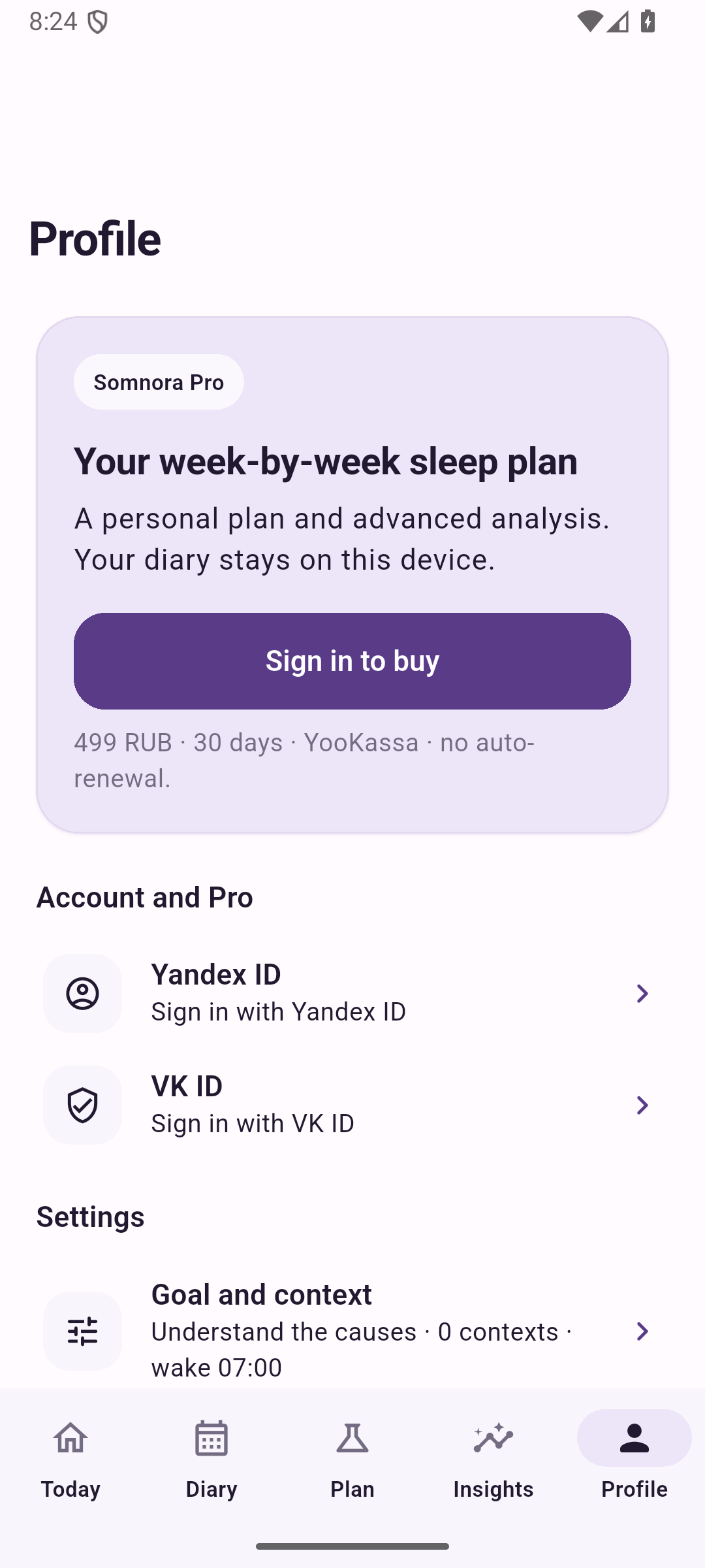 Somnora profile with account and data controls