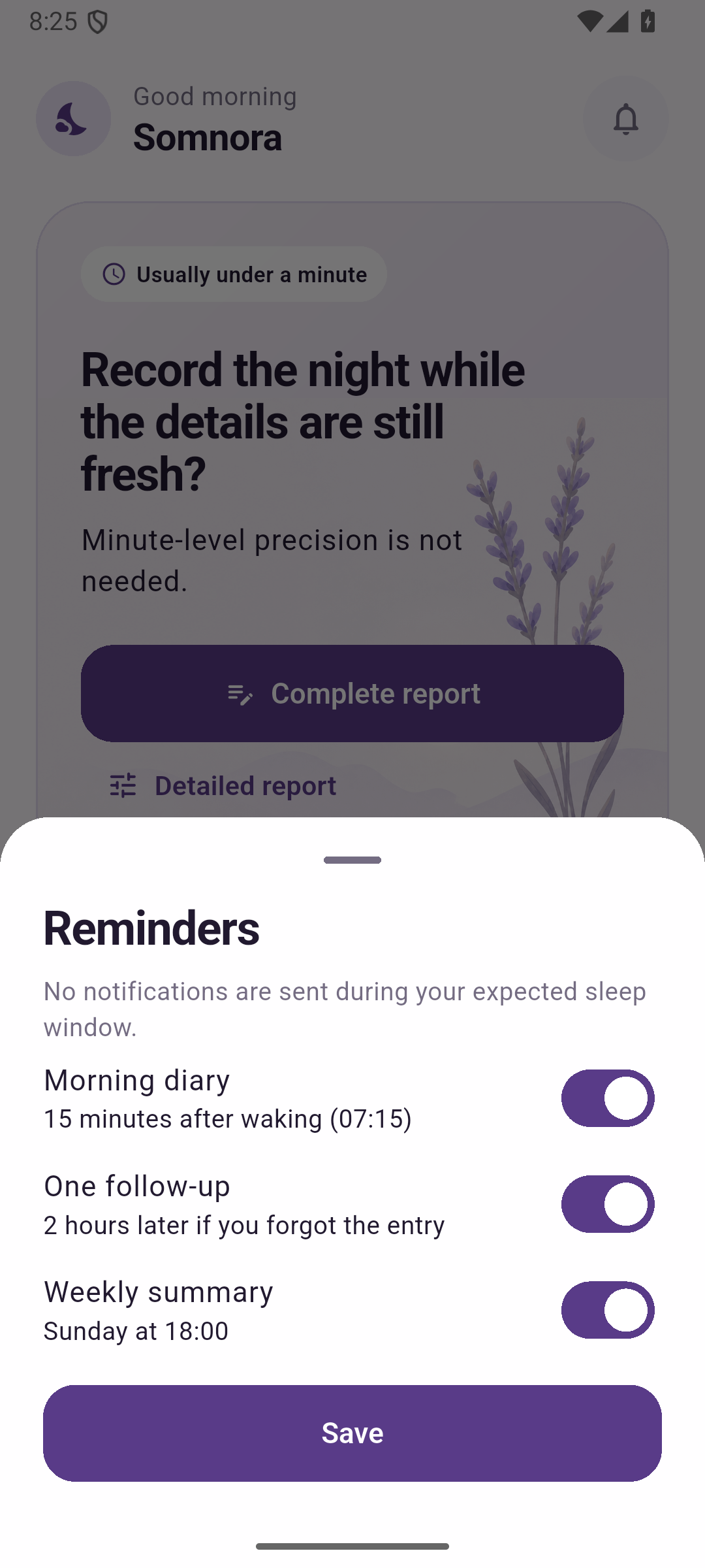 Somnora reminder settings