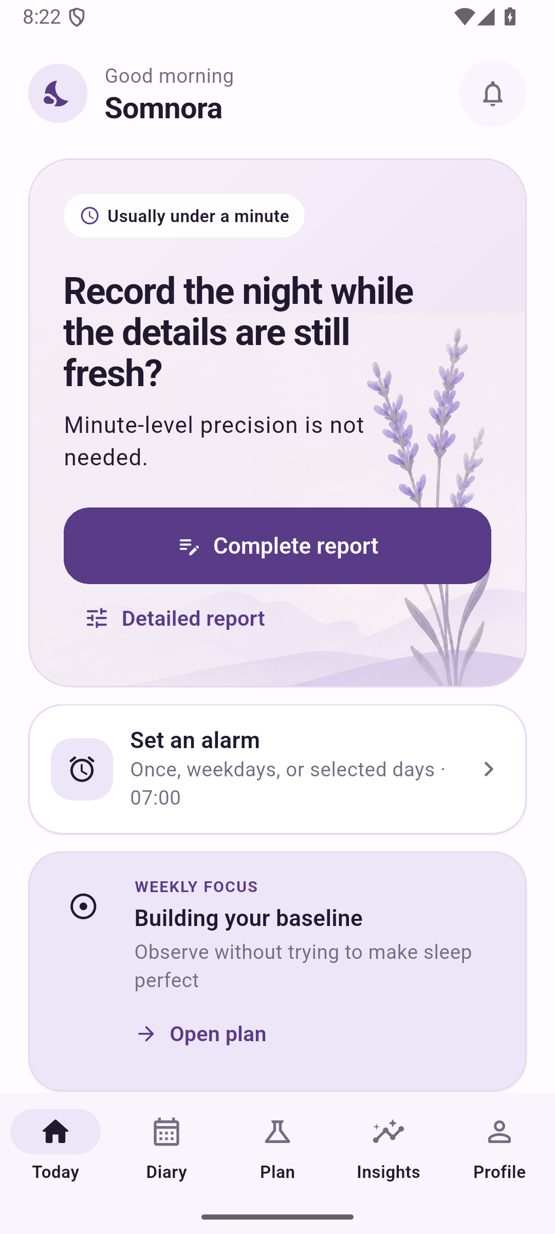 Somnora Today screen with a one-minute morning report